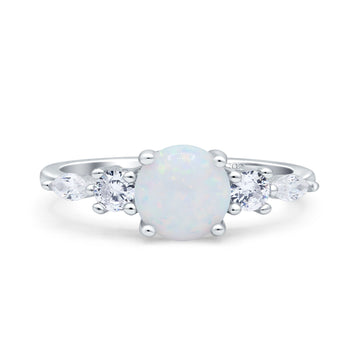 Round Marquise Art Deco Five Stone Engagement Bridal Ring Lab Created White Opal 925 Sterling Silver